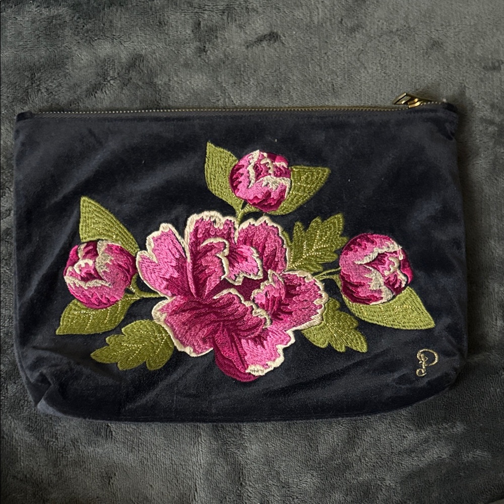 Floral Embroidered Clutch - Black and Pink Powder UK